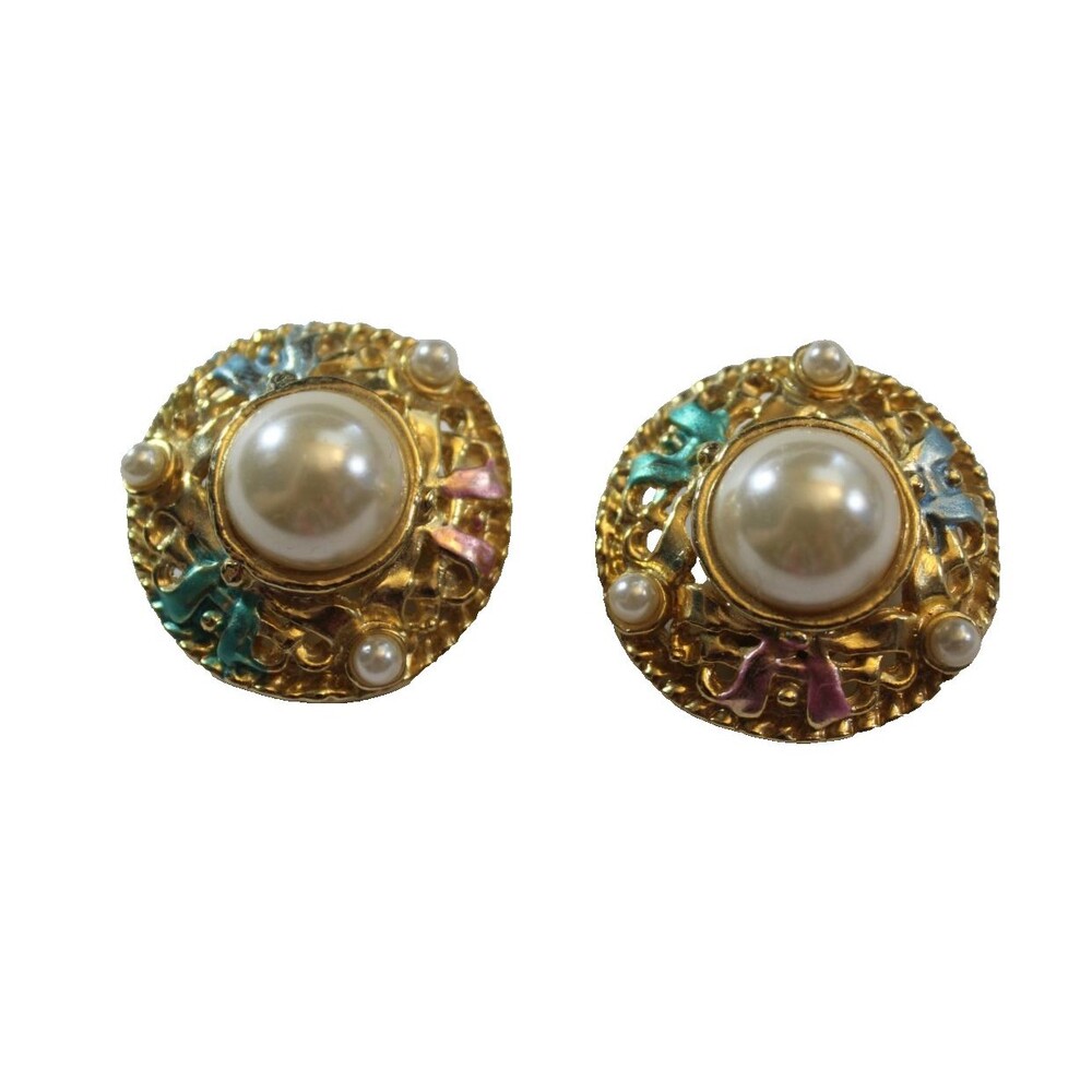 Vintage Renaissance Style Gold-tone Faux Pearls And Enamel Clip On Earrings